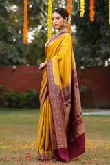 Deep Mustard Handloom Crepe Banarasi Saree