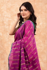 Raspberry Pink Striped Woven Banarasi Cotton Saree - Chinaya Banaras