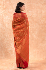 Orange Red Floral Jaal Woven Banarasi Cotton Saree - Chinaya Banaras