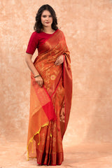 Orange Red Floral Jaal Woven Banarasi Cotton Saree - Chinaya Banaras