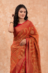 Orange Red Floral Jaal Woven Banarasi Cotton Saree - Chinaya Banaras