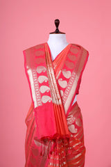 Peachy Orange Ethnic Woven Banarasi Cotton Saree - Chinaya Banaras