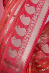 Peachy Orange Ethnic Woven Banarasi Cotton Saree - Chinaya Banaras