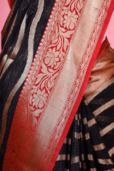 Black & Red Woven Banarasi Cotton Saree - Chinaya Banaras
