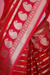 Red Ethnic Woven Banarasi Cotton Saree - Chinaya Banaras