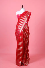 Red Ethnic Woven Banarasi Cotton Saree By Chinaya Banaras
