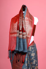 Grey Cotton Saree With Floral Jaal