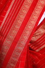 Deep Red Checkered Cotton Banarasi Saree