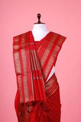 Deep Red Checkered Cotton Banarasi Saree