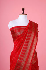 Deep Red Checkered Cotton Banarasi Saree