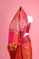 Coral Peach Paithani Cotton Banarasi Saree