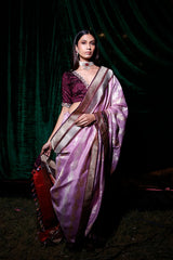 Lavender Sonarupa Kadhwa Woven Handloom Organza Silk Saree - Chinaya Banaras