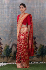 This Red Handloom Katan Silk Banarasi Saree is a wedding saree and festive wear saree. Free Shipping Available!