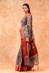 Charcoal Grey Ethnic Cotton Banarasi Saree