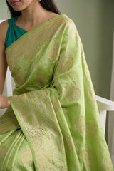 Parrot Green Digital Printed Chiniya Silk Saree