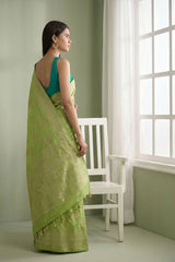 Parrot Green Digital Printed Chiniya Silk Saree