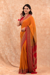 Mustard Yellow Handwoven Georgette Khaddi Silk Saree - Chinaya Banaras