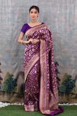 This Purple Handloom Meenadar Katan Silk Banarasi Saree is a wedding saree and festive wear saree. Free Shipping Available!