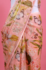 Peach Floral Printed Kota Doria Saree - Chinaya Banaras