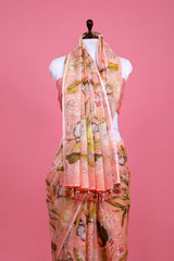 Peach Floral Printed Kota Doria Saree - Chinaya Banaras