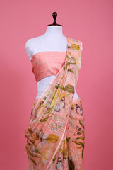 Peach Floral Printed Kota Doria Saree - Chinaya Banaras