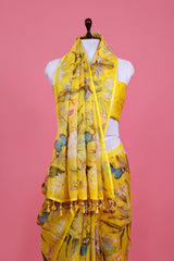 Yellow Floral Printed Kota Doria Saree - Chinaya Banaras