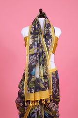 Grey & Yellow Floral Printed Kota Doria Saree - Chinaya Banaras