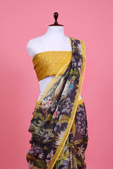 Grey & Yellow Floral Printed Kota Doria Saree - Chinaya Banaras