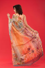 Peach & Grey Embellished Organza Silk Saree - Chinaya Banaras