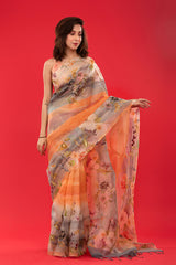 Women In Peach & Grey Embellished Organza Silk Saree At Chinaya Banaras