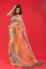 Peach & Grey Embellished Organza Silk Saree - Chinaya Banaras