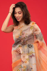 Peach & Grey Embellished Organza Silk Saree - Chinaya Banaras