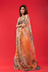 Peach & Grey Embellished Organza Silk Saree - Chinaya Banaras