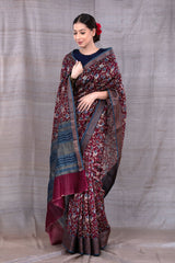 Ruby Red Floral Printed Chanderi Silk Saree - Chinaya Banaras