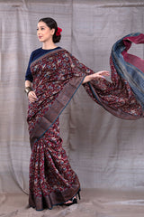 Ruby Red Floral Printed Chanderi Silk Saree - Chinaya Banaras