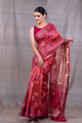 Women in Red Woven Chanderi Silk Saree At Chinaya Banaras