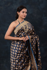 Navy Blue Handwoven Banarasi Silk Saree - Chinaya Banaras