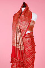 Red Checked Woven Banarasi Cotton Saree - Chinaya Banaras