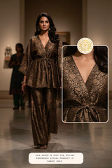 Woman modeling a patterned outfit with a close-up of the fabric detail.