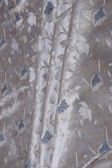 Moon White Banarasi Satin Silk Fabric in Pichwai Floral Pattern