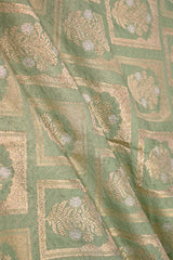Sage Green Banarasi Silk Fabric with Floral Ornament Pattern