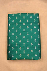 Green Pure Raw Silk Fabric with Gold and Silver Zari Motifs
