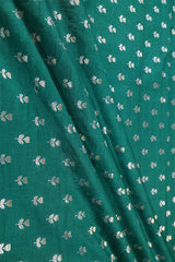 Green Pure Raw Silk Fabric with Gold and Silver Zari Motifs