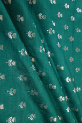 Green Pure Raw Silk Fabric with Gold and Silver Zari Motifs