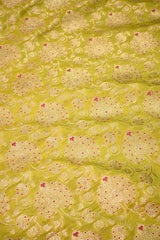 Lime Green Banarasi Silk Fabric with Floral Jaal and Pink Meenakari Detailing