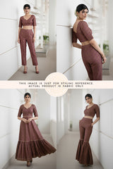 Woman modeling a maroon purple traditional outfit with top and pants in different poses on a white background.