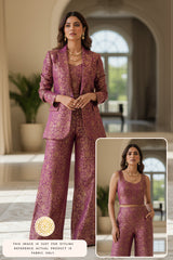 Woman wearing a purple Banarasi fabric made suit in an indoor setting with a closeup inset
