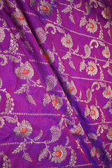Purple Banarasi Silk Fabric with Floral Leheriya Jaal Work