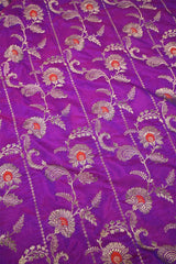 Purple Banarasi Silk Fabric with Floral Leheriya Jaal Work