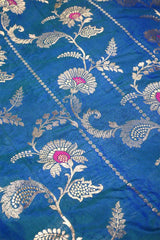 Teal Blue Banarasi Silk Fabric with Floral Leheriya Jaal Work